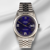 Rolex 36mm Datejust Steel Fluted Blue Roman Dial Watch 16014
