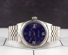 Rolex 36mm Datejust Steel Fluted Jubilee Blue Roman Dial Watch 16014