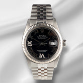 Rolex 36mm Datejust Steel Fluted Jubilee Black Roman Dial Watch 16014