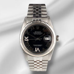 Rolex 36mm Datejust Steel Fluted Black Roman Dial Watch 16014