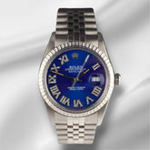 Rolex 36mm Datejust Steel Engine-Turned Blue Roman Diamond Dial Watch 16030