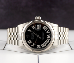 Rolex 36mm Datejust Steel Fluted Black Roman Diamond Dial Watch 16014