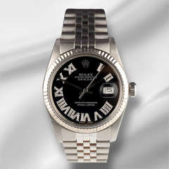 Rolex 36mm Datejust Steel Fluted Black Roman Diamond Dial Watch 16014