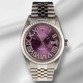 Rolex 36mm Datejust Steel Engine-Turned Purple Roman Diamond Dial Watch 16030