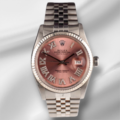 Rolex 36mm Datejust Steel Fluted Peach Roman Diamond Dial Watch 16014