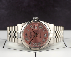 Rolex 36mm Datejust Steel Fluted Peach Roman Diamond Dial Watch 16014