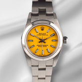 Rolex Oyster Perpetual 25mm Stainless Steel Yellow Dial Watch 67180