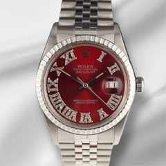 Rolex 36mm Datejust Engine-Turned Jubilee Red Roman Diamond Dial Watch 16030