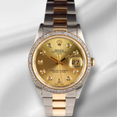 Rolex 34mm Date 18k Yellow Gold/Steel 1ct Diamonds Gold Dial Watch 15223