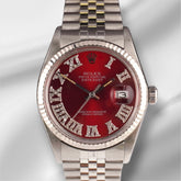 Rolex 36mm Datejust Steel Fluted Red Roman Diamond Dial Watch 16014