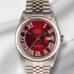 Rolex 36mm Datejust Steel Fluted Red Roman Diamond Dial Watch 16014