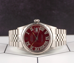 Rolex 36mm Datejust Steel Fluted Red Roman Diamond Dial Watch 16014