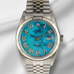 Rolex 36mm Datejust Steel Fluted Marble Blue Roman Dial Watch 16014