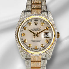 Rolex 36mm Datejust 18k YG/Steel 13ct Iced Out Diamonds White Mop Watch 116233
