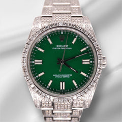 Rolex 36mm Oyster Perpetual 10ct Iced Out Green Dial Oyster Steel Watch 116000