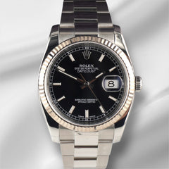 Rolex 36mm Datejust Steel White Gold Black Dial Oyster Men's Watch 116234