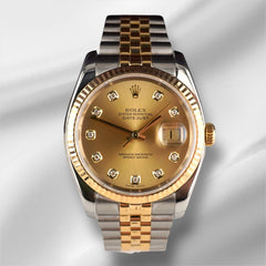 Rolex 36mm Datejust Steel Yellow Gold Champagne Diamond Dial Men's Watch 116233