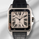 Cartier 38mm Santos 100 Large Steel Silver Dial Leather Band Men's Watch 2656