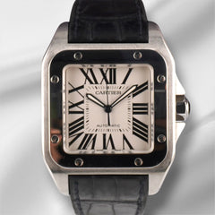 Cartier 38mm Santos 100 Large Steel Silver Dial Leather Band Men's Watch 2656