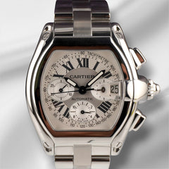 Cartier 43mm Roadster XL Chronograph Silver Dial Steel Men's Watch 2618
