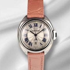 Cartier Cle 31mm Silver Dial Leather Band Automatic Steel Ladies Watch 3867