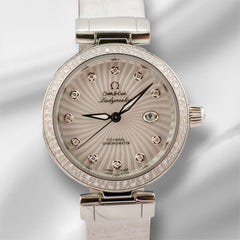 Omega 36mm Diamond De Ville White Crocodile Leather Women's Watch 85296720