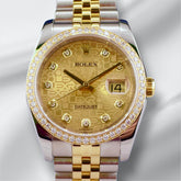 Rolex 36mm Datejust 18k Yellow Gold Steel Diamond Dial Men's Watch 116243