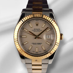 Rolex Datejust II 41mm 18k Yellow Gold Silver Ivory Dial Men's Watch 116333
