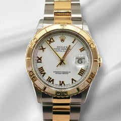 Rolex Datejust 36mm Turn O Graph 18k YG Steel White Dial Men's Watch 16263