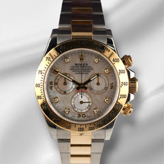 Rolex 40mm Daytona Steel Yellow Gold MOP Diamond Dial Mens Watch 116523