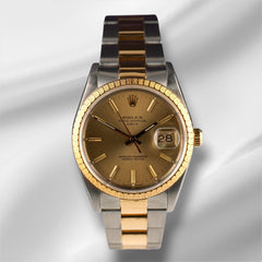 Rolex 34mm Date Steel Yellow Gold Champagne Dial Mens Watch 15223