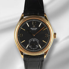 Rolex 1908 39mm Yellow Gold Black Dial Leather Band Men's Watch 52508