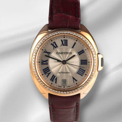 Cartier Cle 35mm Rose Gold Diamond Automatic Leather Band Ladies Watch 3854