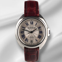 Cartier Cle 31mm Silver Dial Leather Band Automatic Steel Ladies Watch 3856