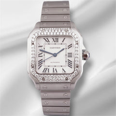 Cartier Santos Medium 35.1x35.1 mm Steel White Dial 1.50ct AM Diamond Bezel 4075