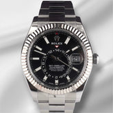Rolex Sky-Dweller 42mm 18k White Gold Bezel Black Dial Steel Oyster Watch 326934