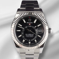 Rolex Sky-Dweller 42mm 18k White Gold Bezel Black Dial Steel Oyster Watch 326934