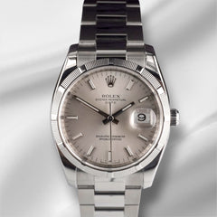 Rolex 34mm Oyster Perpetual Date Silver Dial Steel Men's Watch with Card 115210