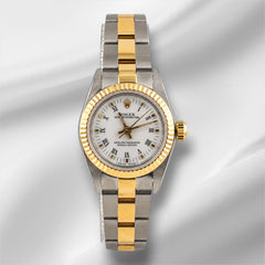 Rolex 25mm Oyster Perpetual 18K Yellow Gold Two-Tone White Dial Watch 67193