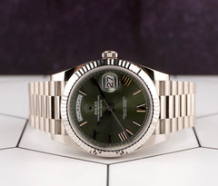 Rolex 40mm President Day-Date Olive Green Dial White Gold Men's Watch 228239