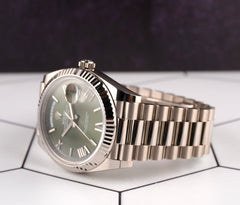 Rolex 40mm President Day-Date Olive Green Dial White Gold Men's Watch 228239