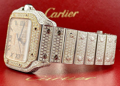 Cartier Santos Men's 40mm RoseGold Dial Steel Watch Roman Iced Out 12ct Diamonds