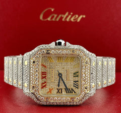 Cartier Santos Ladies 35mm 18K Yellow Gold & Steel Watch Roman Iced 20ct Diamond