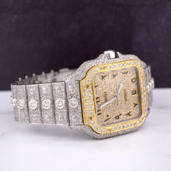 Cartier Santos Men's 40mm Large 2-Tone Watch Roman Iced 20ct Diamonds SOLITAIRE