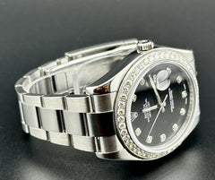 Rolex Mens Datejust 41mm Oyster Steel Watch ICED 3ct Diamond Black Dial 116300