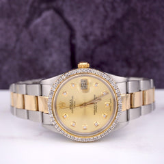 Rolex 34mm Date Oyster 14k Yellow Gold & Steel Watch 2ct Diamonds Gold Dial