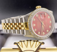 Rolex Mens Datejust 36mm 18k Yellow Gold & Steel ICED 1.75ct Diamonds Red Dial