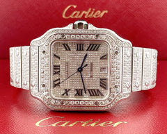 Cartier Santos Men's 40mm Large Model Steel Watch Roman Iced Out 12ct Diamonds