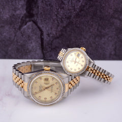 Rolex SET Datejust 26/36mm 18k Yellow Gold & Steel ICED 1.75ct Diamond Gold Dial