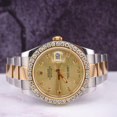 Rolex Men's Datejust 41mm 18k Gold & Steel Iced 3ct Diamonds Gold Dial 116333